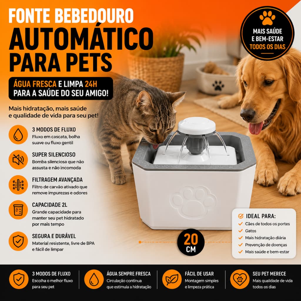 Fonte Bebedouro Automático Pets 3 Modos Fluxo Água Silencioso Capacidade 20cm