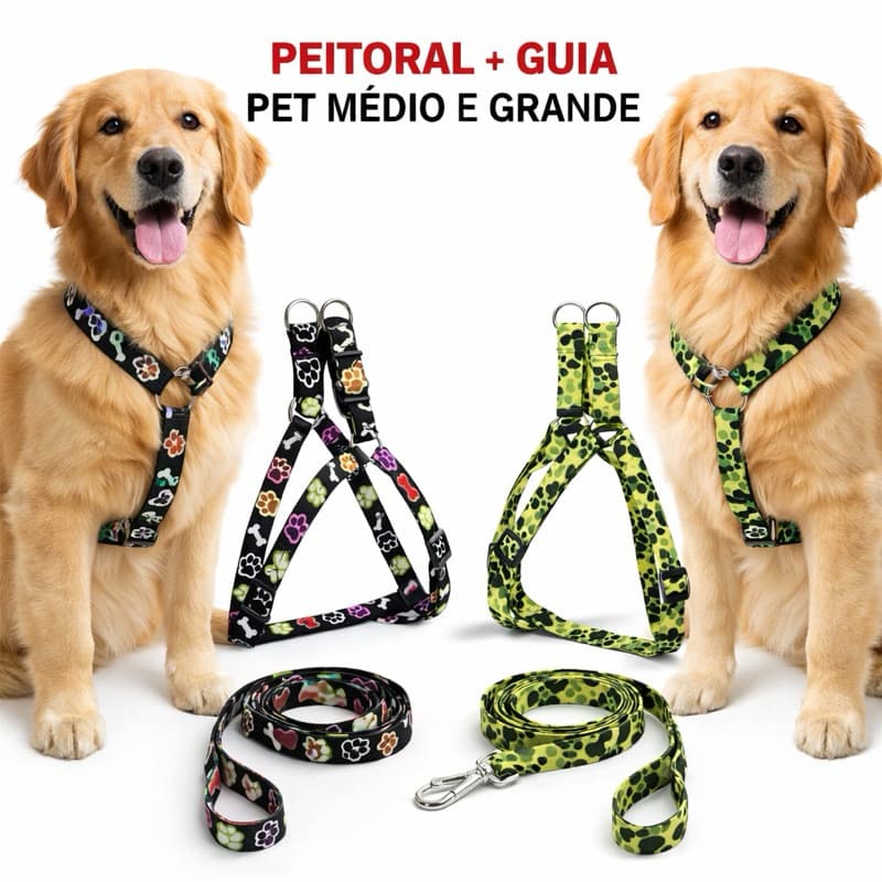 Peitoral com Guia para Cachorro Porte Médio e Grande Ajustável Nylon Resistente