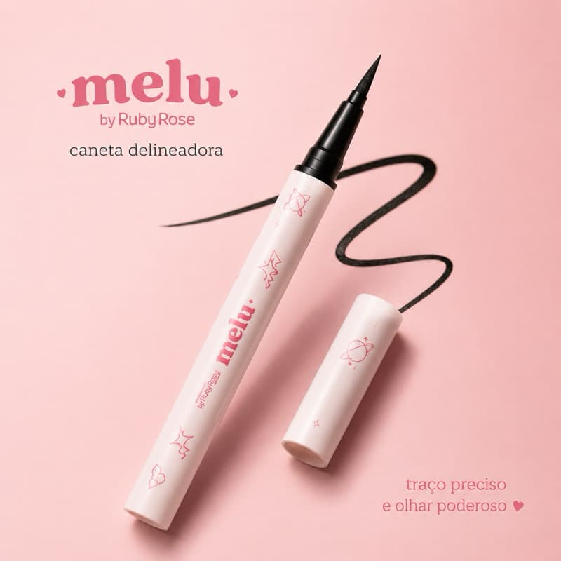 Caneta Delineadora Melu Ruby Rose Preta Alta Pigmentação Ponta Fina Longa Duração