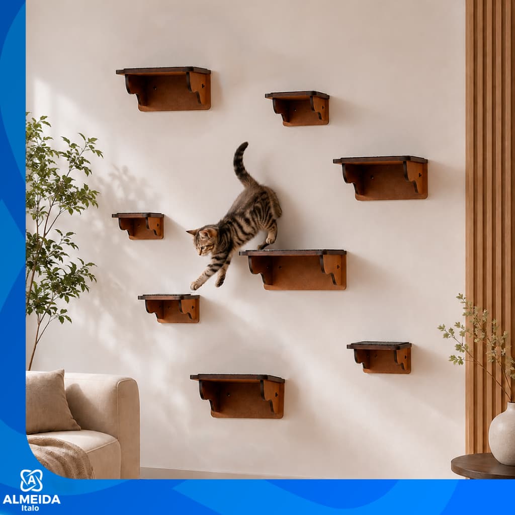 Kit 8 Peças Para Gatos 4 Prateleiras + 4 degraus Gato Parede MDF Pet Playground Suporte 10kg Montado