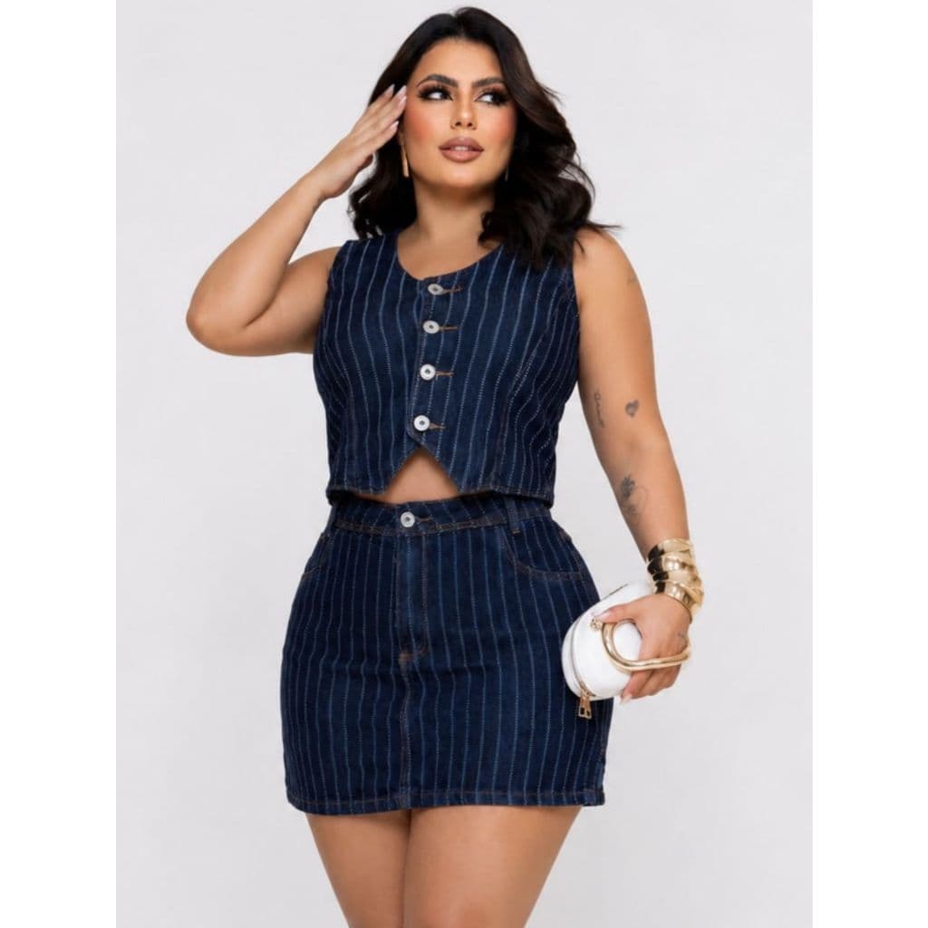 Conjunto Jeans Saia Short Curto e Colete com Lycra