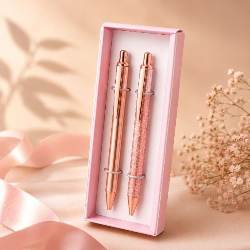 Caneta Metálica Esferográfica Rose Gold com glitter -  Elegante e Lindas