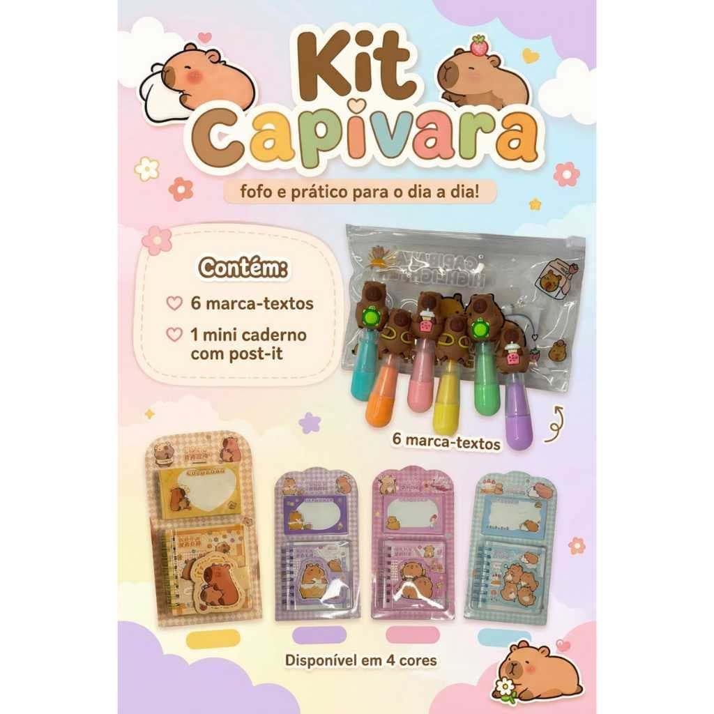 KIT CAPIVARA OFFICE - 6 mini marca textos + Mini caderno + post it.