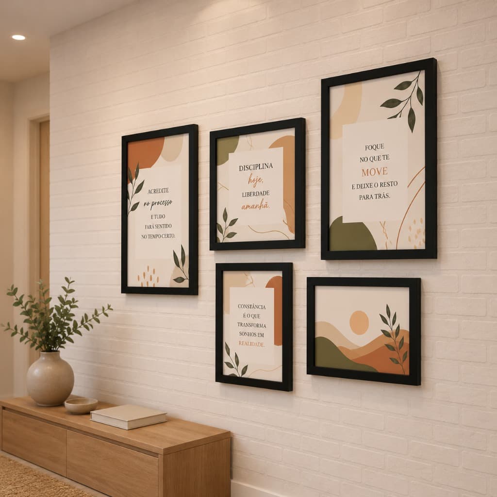 Kit 5 Quadros Motivacionais Premium – Acredite, Disciplina e Constância | Decoração Moderna