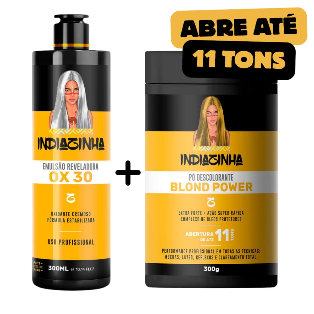 Kit Pó Descolorante Profissional Para Cabelo Indiazinha Blond Power 300g + Água oxigenada OX de 30 Cremoso Emulsão 300ml