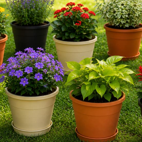 Kit 4 Vasos 1,5L Com Prato jardineira cuia resistente Para Plantas Preto Bege ou Marrom REDONDOS