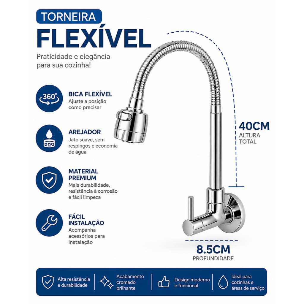 Torneira Flexível de Parede com Arejador Duplo 360° – Praticidade e Economia para Sua Cozinha