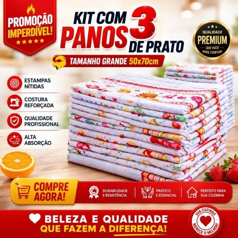 Kit 3 Pano de Prato cozinha 50x70 Estampas Sortidas Alta Absorção Cozinha Linda e Econômica mães