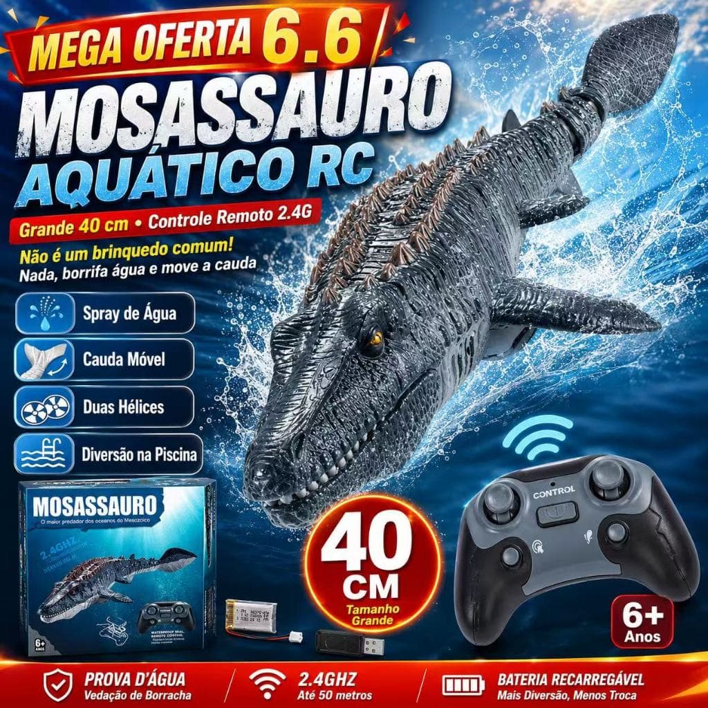 Brinquedo Controle Remoto Mosassauro com Jato de Água - RC Aquático 2.4G para Piscina e Banho