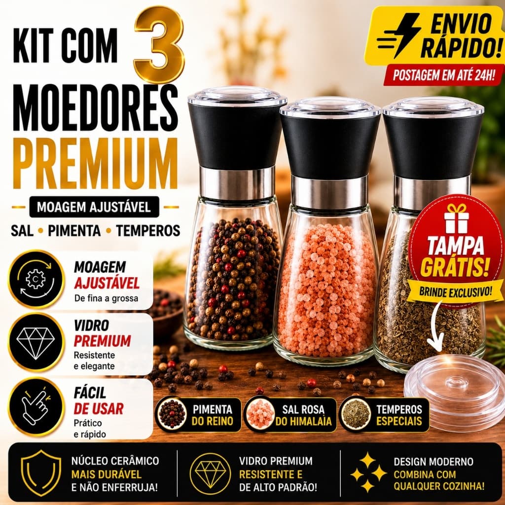 Moedor De Especiarias Vidro Aço Inox Premium Porta Sal Pimenta Condimentos Prático!