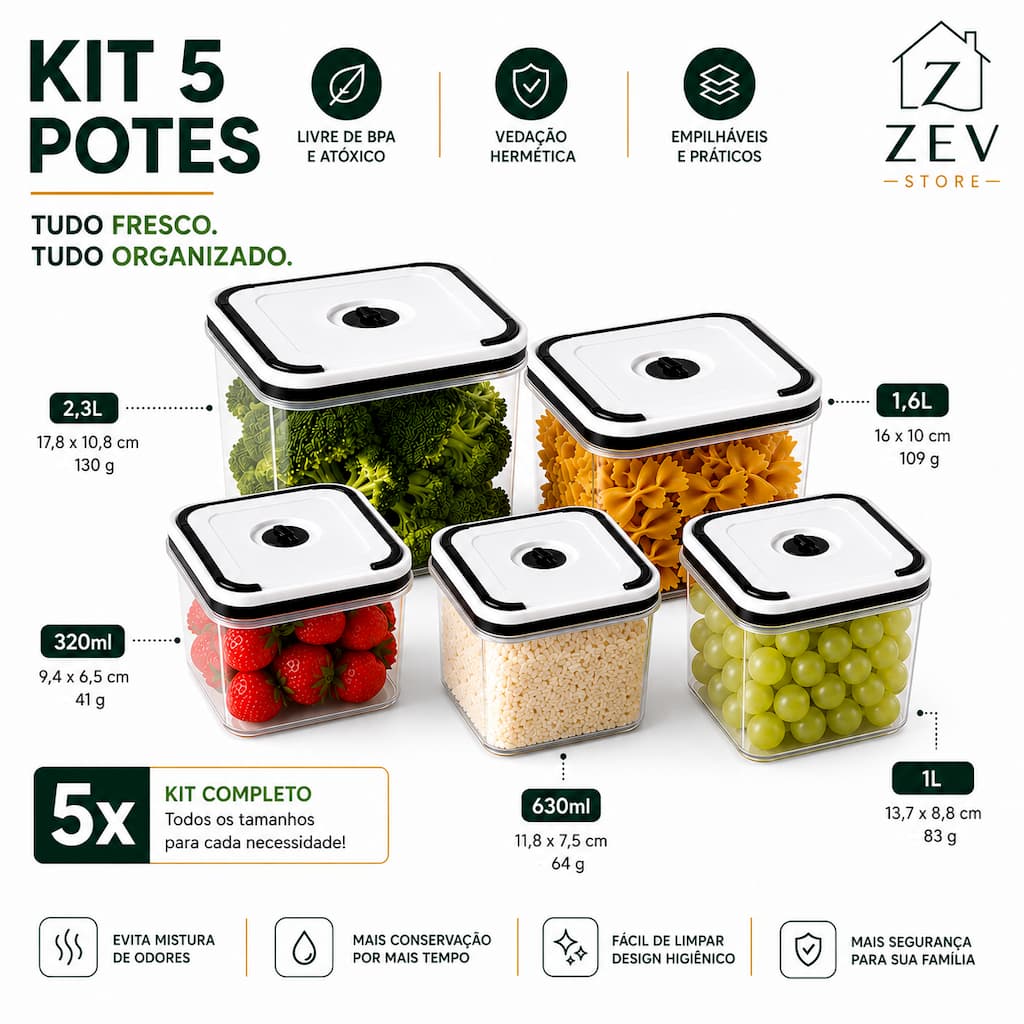 Kit Potes Herméticos 5 Peças Tampa Vedação Organizador de Geladeira e Despensa