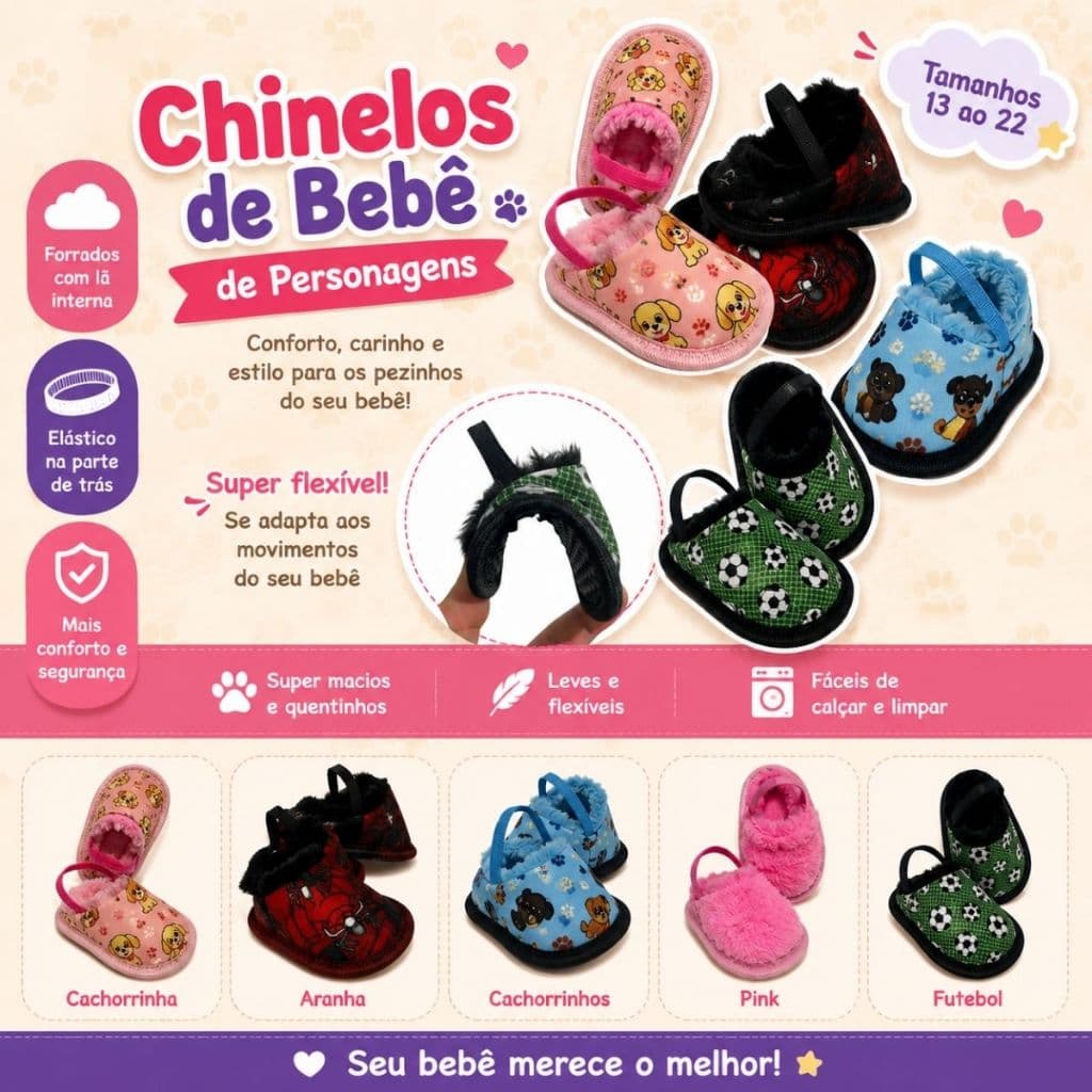 Chinelo Pantufa Bebê Personagens Forrado com Lã | Antiderrapante com Elástico | Tam. 13 ao 22 | Flexível