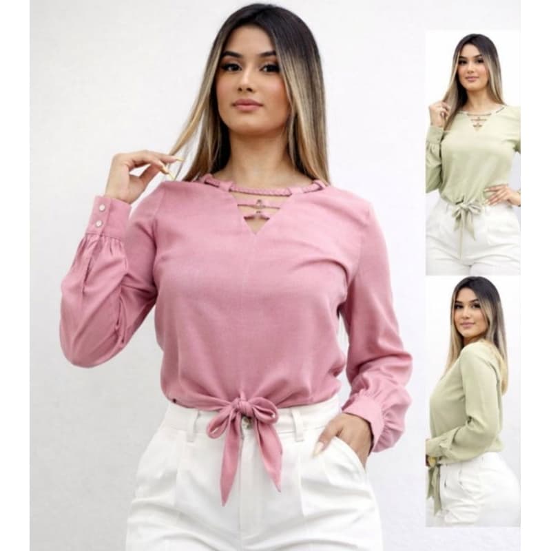 Blusa Cropped Feminina Social Manga Longa Elegante Moda Feminina