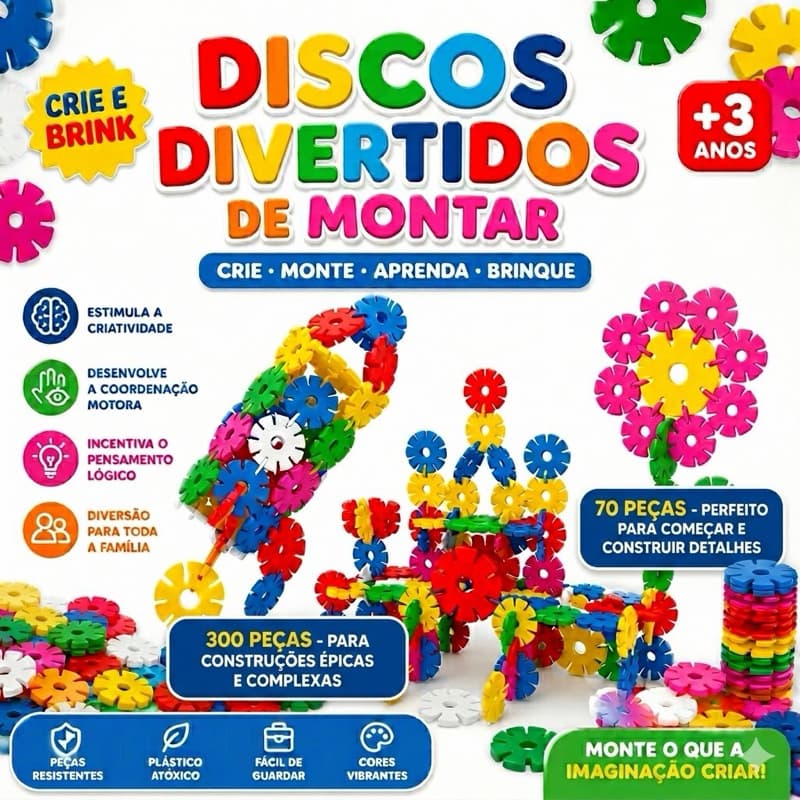 Blocos de Montar - Discos Divertidos Criativos com 70 ou 300 peças