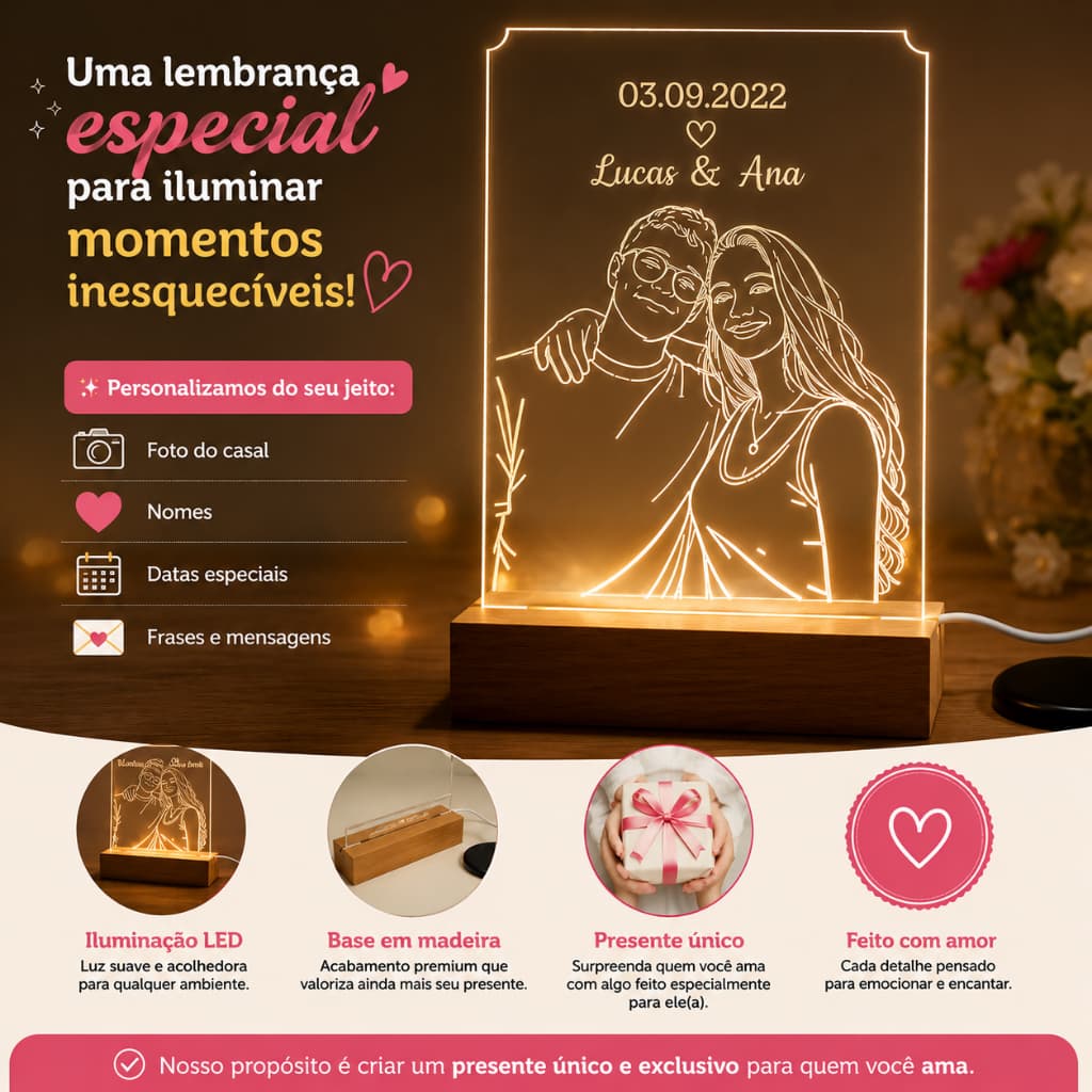 Luminária Personalizada com Sua Foto, Nome e Data