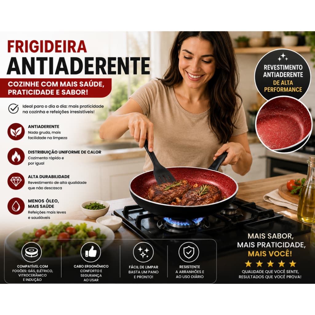 Frigideira Antiaderente Tampa Cerâmica 28cm Cozimento Saudável Fácil Limpeza Durável