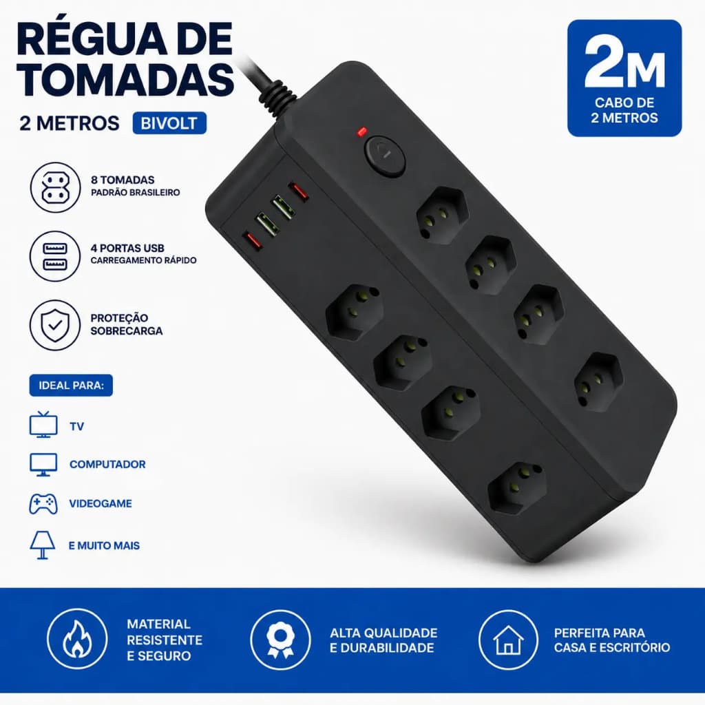 Régua de Tomadas Torre 2M com 8 Saídas + 2 USB + 2 Tipo-C | Bivolt 110/220V com Proteção Contra Sobrecarga