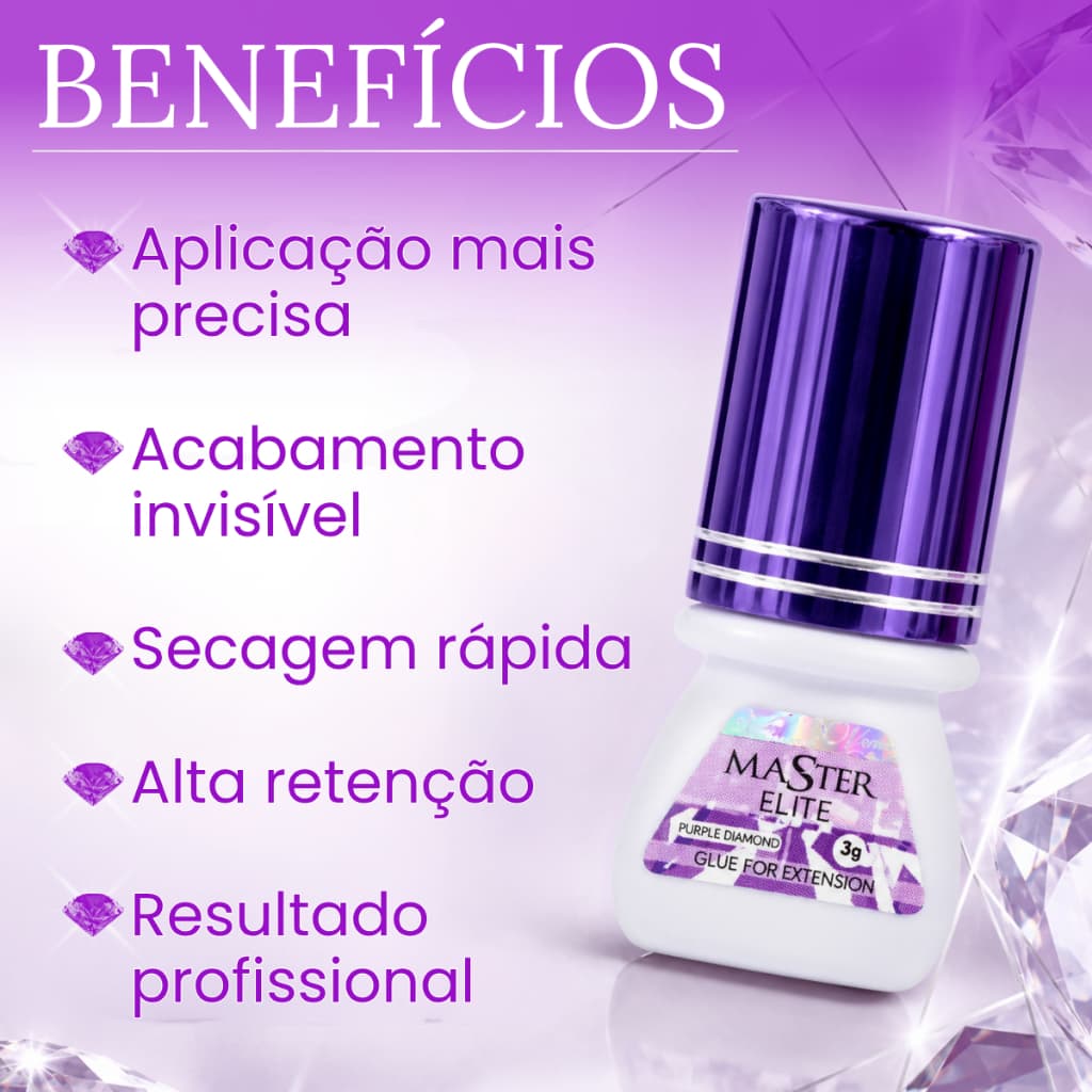 Cola Cílios Lash Profissional Roxa Master Diamond 3ml Secagem Rápida Transparente + Escovinha