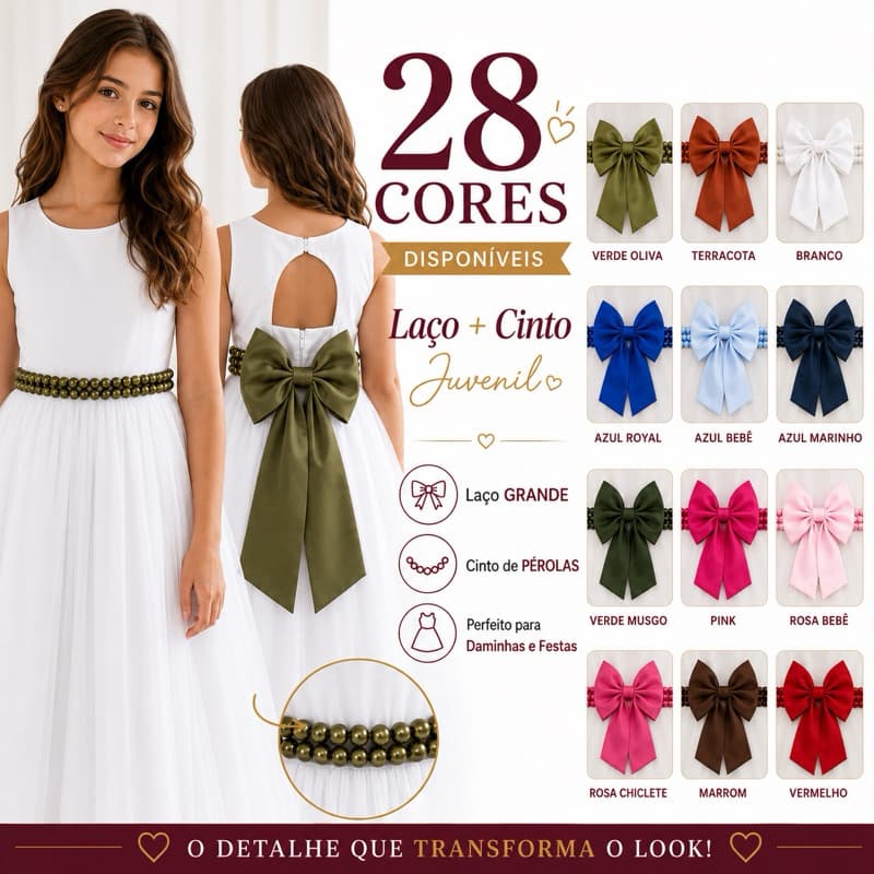 Kit Daminha de Honra Juvenil Laço + Cinto de Pérolas em 28 cores REF4235
