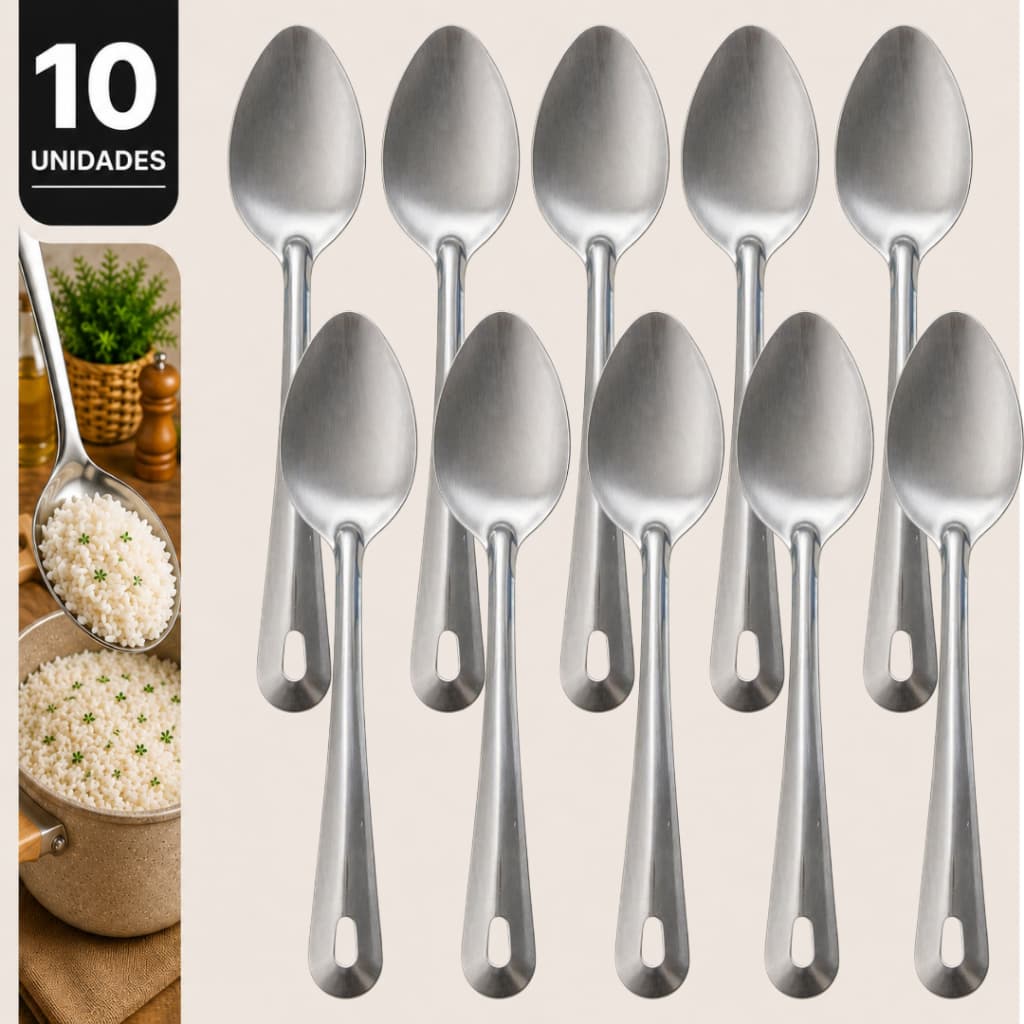 Colher de Arroz Inox 25cm Resistente Servir Feijão Salada Kit 10 Unidades