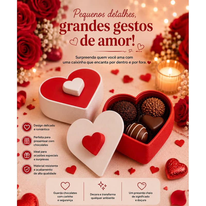 Caixa Coração Romântica para Chocolates e Presentes | Porta Bombons Elegante para Surpreender Quem Você Ama COD-05