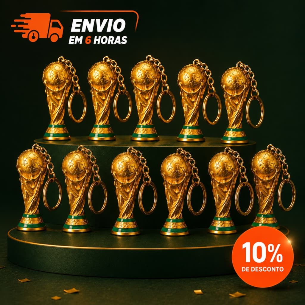 Kit Chaveiro Taça do Mundo Dourado Miniatura Futebol Copa Colecionável