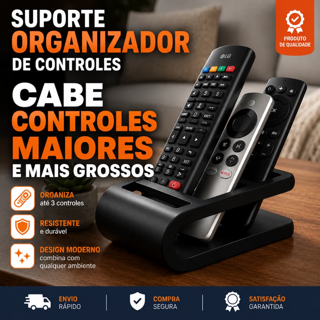 Porta Controle Remoto 3 Divisórias Organizador Mesa Sala Suporte Moderno Minimalista Preto