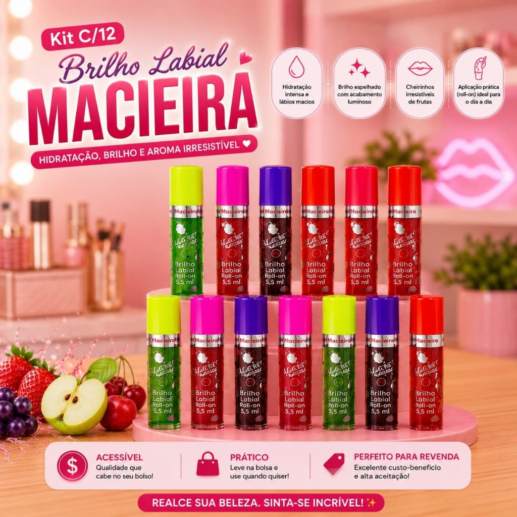 Kit C/12 Brilho Labial Infantil Macieira - Gloss Infantil Atacado Frutas Divertido Envio Imediato