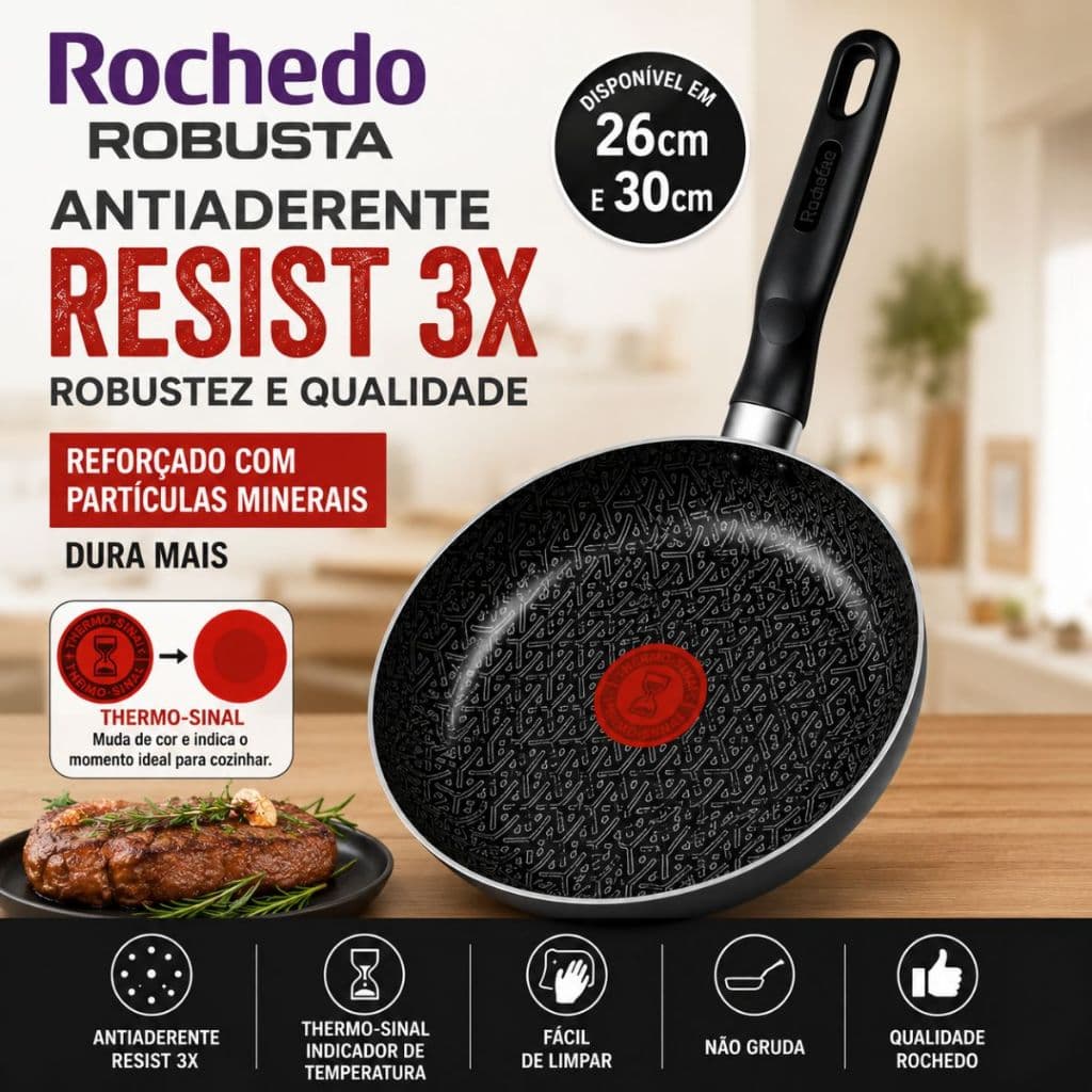 Frigideira Rochedo Robusta Grafite Antiaderente Resist 3X Thermo Sinal 26cm ou 30cm