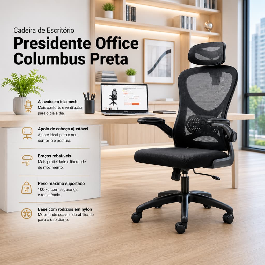 CADEIRA DE ESCRITÓRIO PRESIDENTE OFFICE COLUMBUS COM TELA MESH PRETA