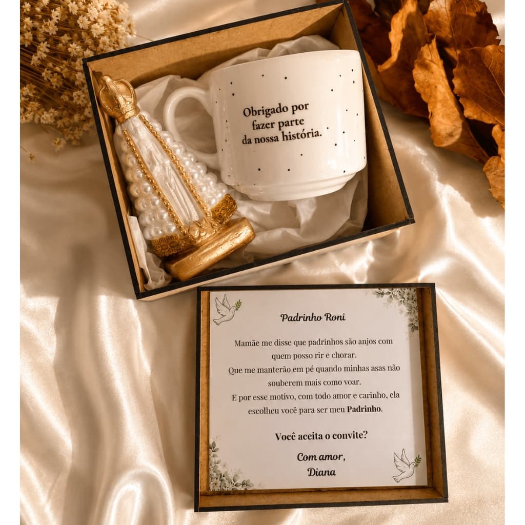 Kit Convite Padrinho Batismo / Casamento / Consagração com Xícara + Nossa Senhora em Pérolas + Caixa MDF