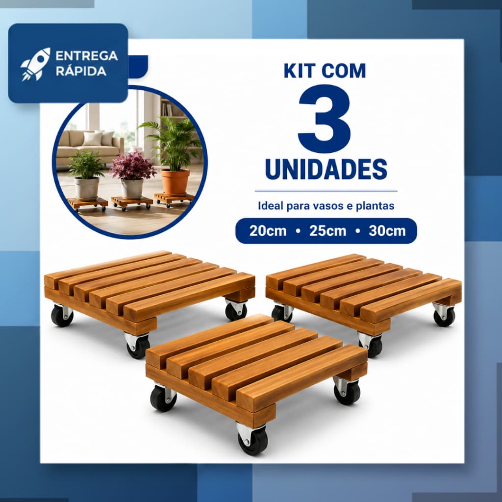 Kit  com 3 Suporte Quadrado Madeira Com Rodinhas Para Botijão Ou Vaso De Planta  Suporta Até 80 kg