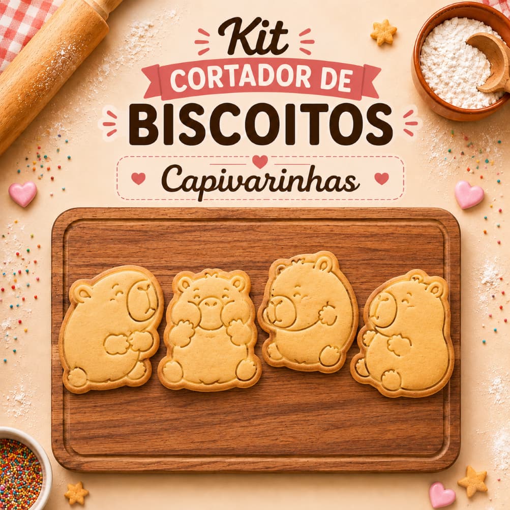 Kit Premium 4 Cortadores e Carimbos de Biscoito com Desenho de Capivara - Biscoito de Manteiga