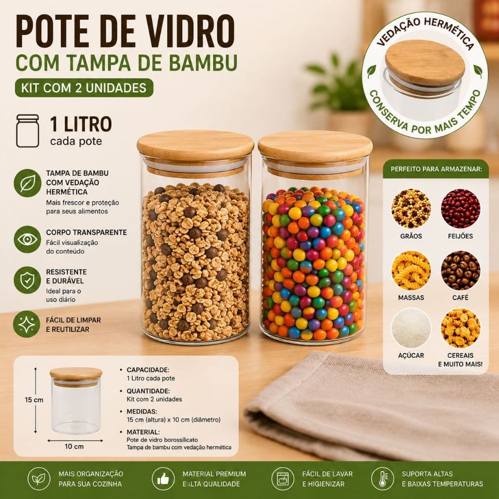 Potes Herméticos Vidro 1000ml Tampa Bambu Kit com 2 Unidades