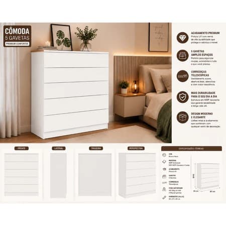 Cômoda 5 Gavetas Premium Confortse Design E Funcionalidade Branco