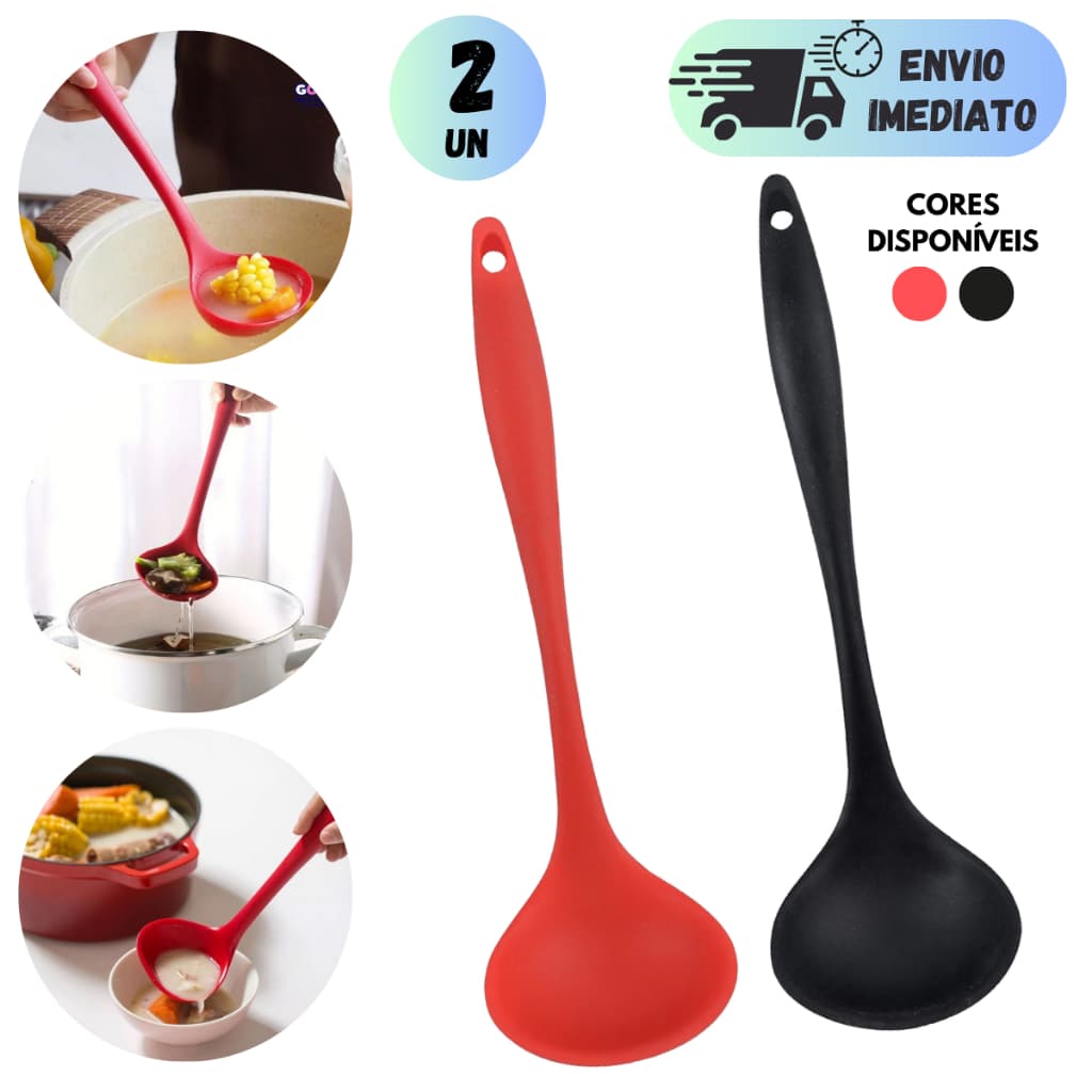 KIT 2 CONCHAS DE SILICONE 28CM UTENSILIOS DE COZINHA PARA FEIJAO CALDOS E SOPAS  COR VERMELHO PRETO