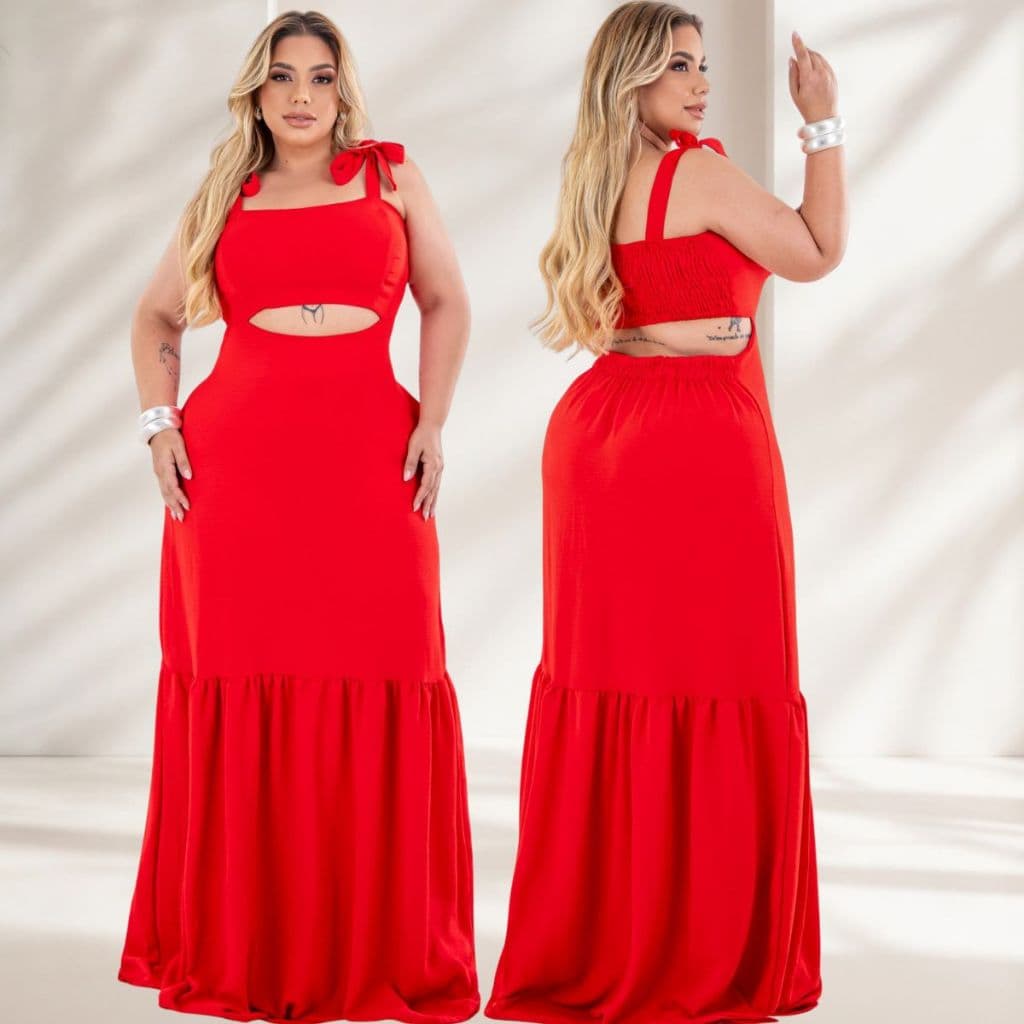 Vestido Elegante Casual Longo Plus Size soltinho alça amarrar com recorte na cintura lastex nas costas e 1 maria moda.