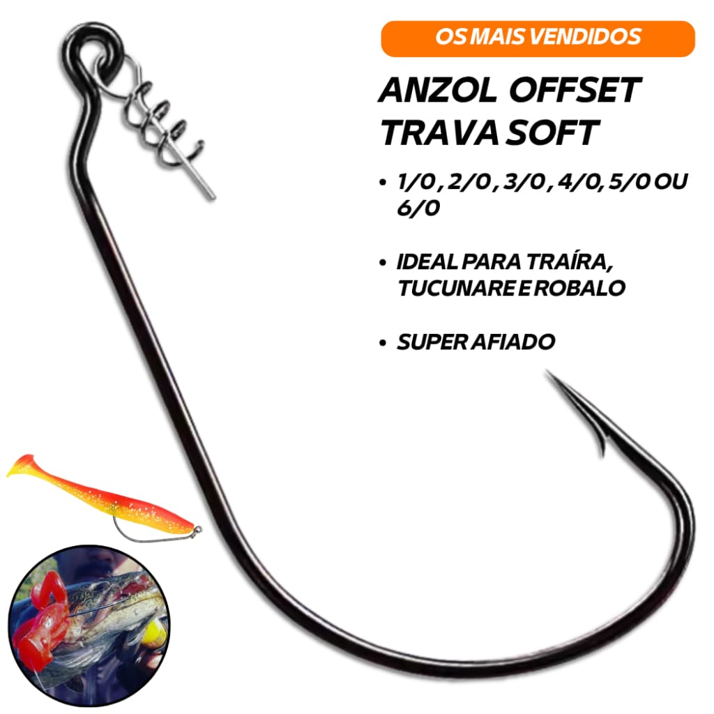 Anzol Offset Pesca c/ Trava Soft Isca Artificial Acessórios Anti Enrosco Traíra Tucunaré