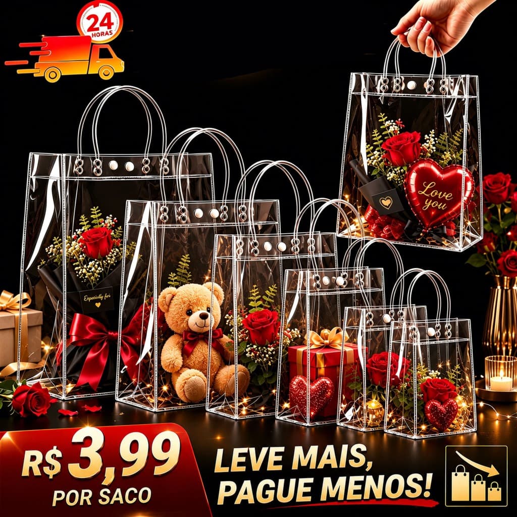 Sacola de Presente PVC Transparente com Alças Reforçadas para Festas Presentes e Lembrancinhas