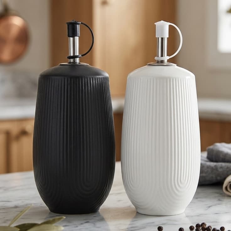 Azeiteiro De Cerâmica Branco E Preto 250ml Com Bico Dosador Oásis Hauskraft