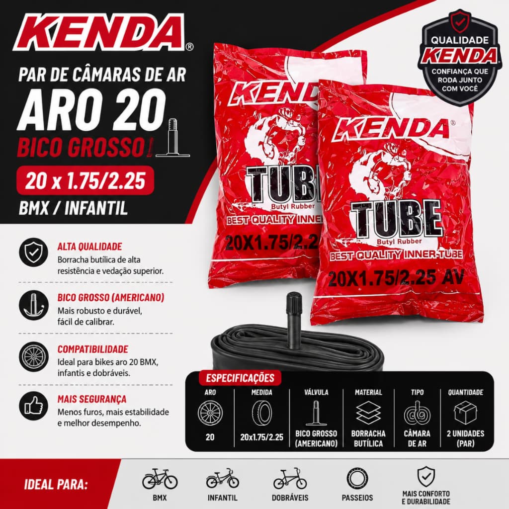 PAR CÂMARA DE AR KENDA ARO 20 BICO GROSSO 20x1.75/2.25 BMX/INFANTIL