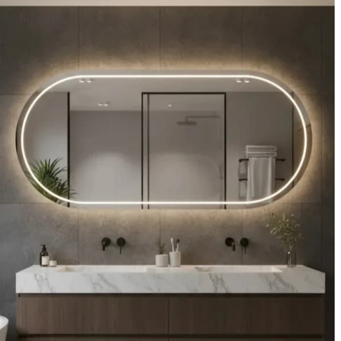 Espelho Grande Oval 80x40cm com Led 3 Cores Botão Touch Design Minimalista Decorativo Bivolt