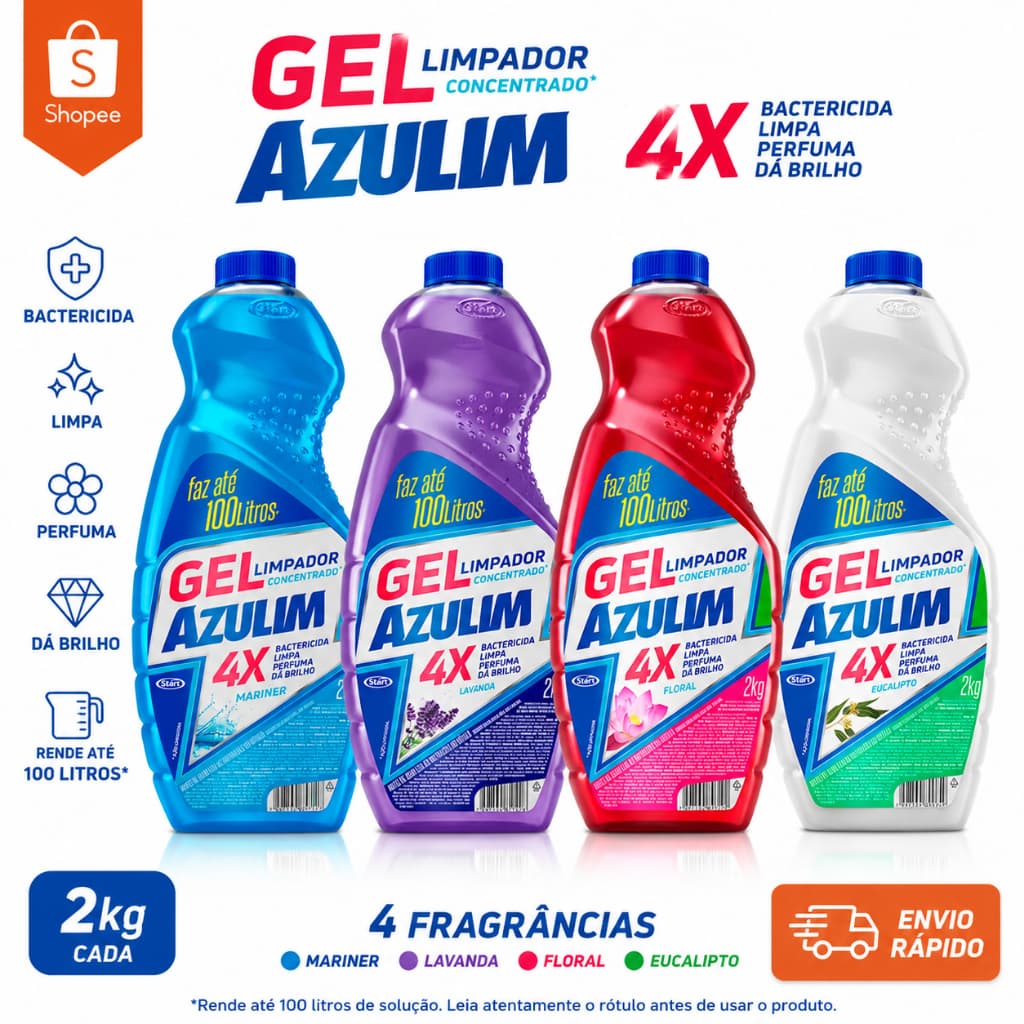 Limpador Concentrado Gel Azulim 4 em 1 2 Litros Limpeza - Rende até 100 Litros