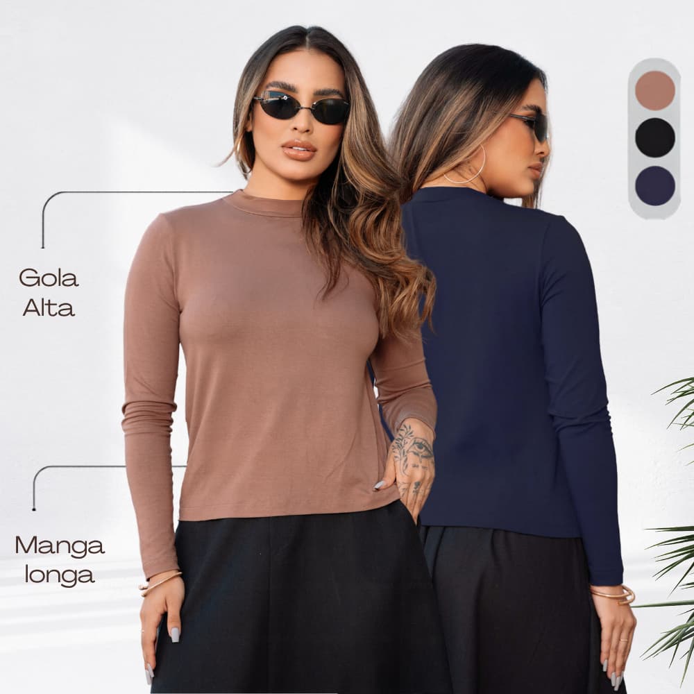 Blusa Feminina Básica Segunda Pele Gola Alta Viscolycra Manga longa Lisa Casual Cacharrel