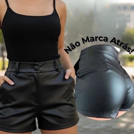 Shorts Feminino Couro Courino Cintura Alta Com Zíper Na lateral Bolso e Botão Pressão