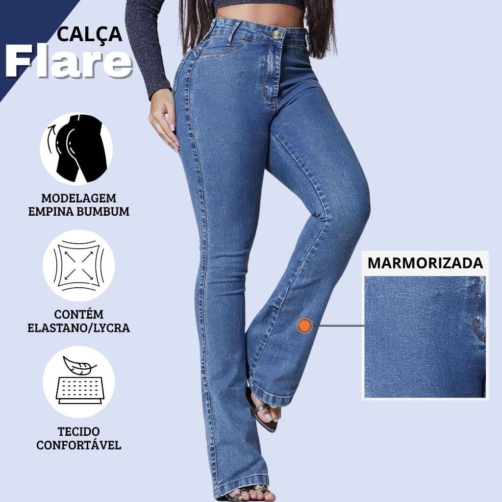 Calça Flare Jeans Feminina Marmorizada Empina Bumbum Cintura Alta
