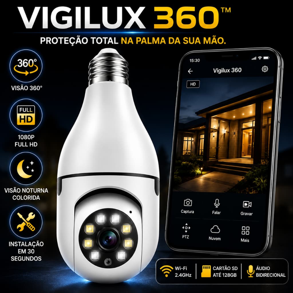 Câmera Lâmpada WiFi 360° Full HD Visão Noturna Áudio Bidirecional Monitorada pelo Celular - 1 UN