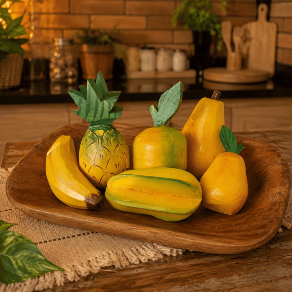 Kit 6 Frutas Artificiais de Madeira Em Tons De Amarelo Para Decoração de Cozinha