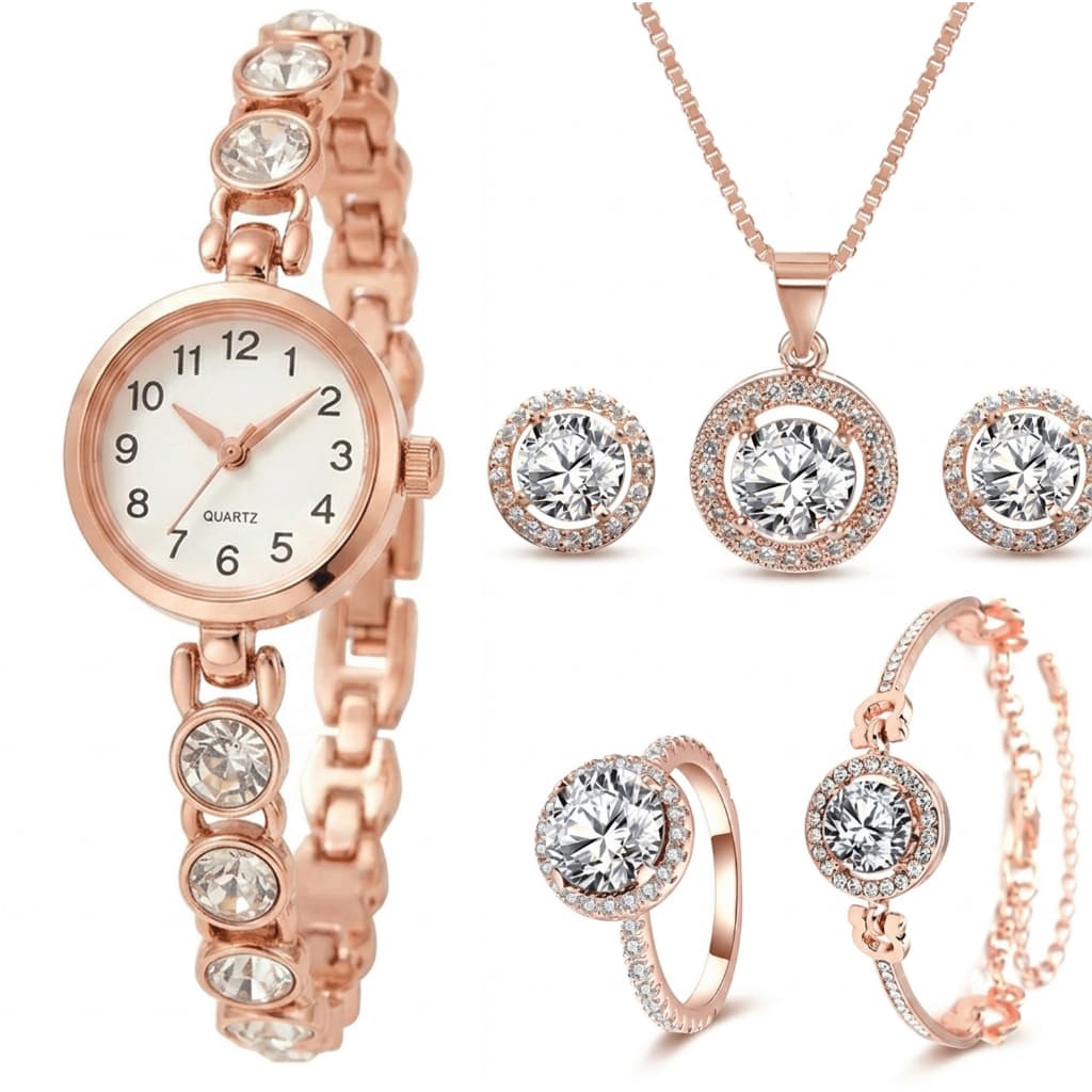 Kit Relógio Feminino Pequeno Colar Brincos Anel Pulseira Analógico Delicado Dourado Rosé Presente