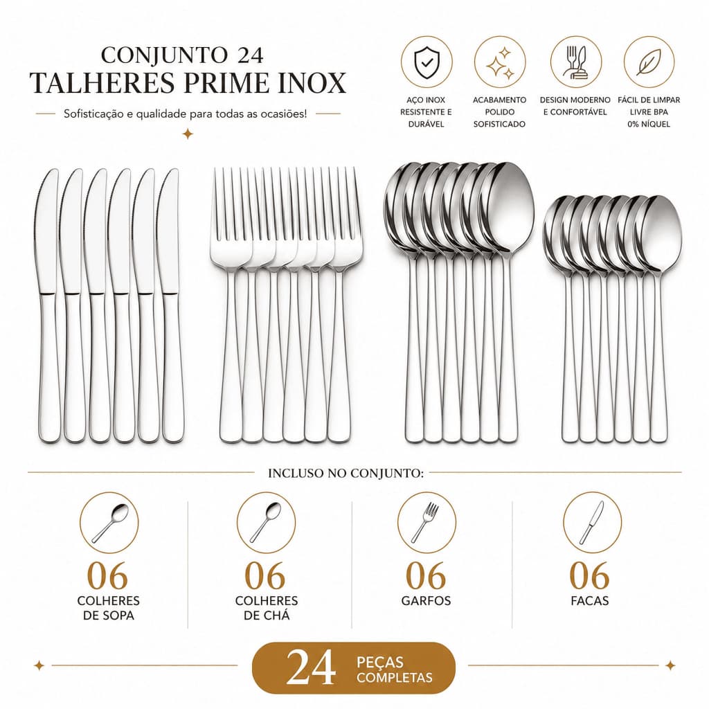 Jogo de 24 Talheres Prime Inox kit Faqueiro inox Prime